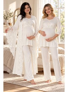 Effortt 3015 Ekru Prenses Sabahlıklı Lohusa Pijama Takımı